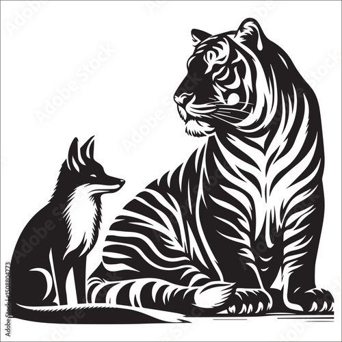 Majestic Tiger and Fox in Striking Black and White Design Perfect for Wildlife Art Prints and Apparel