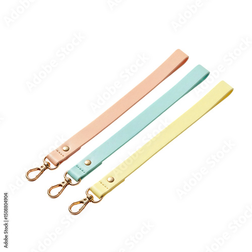 Pastel Leather Wrist Straps with Gold Hardware on White Background, Fashion Accessories.