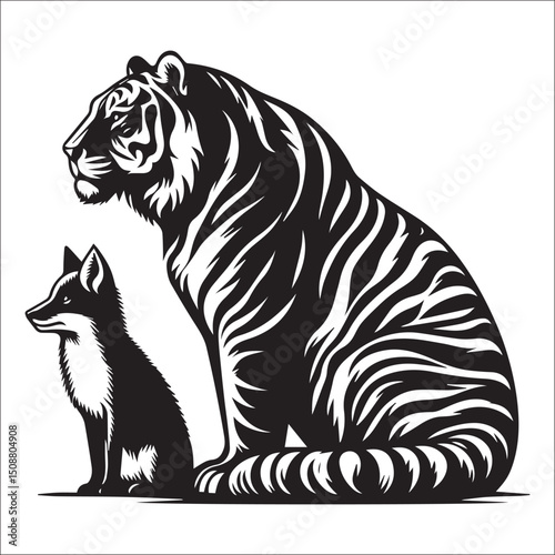 Majestic Tiger and Fox in Striking Black and White Design Perfect for Wildlife Art Prints and Apparel