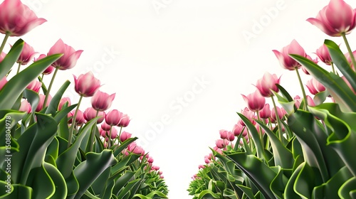 A row of pink flowers with green stems. The flowers are in a field and are very close together