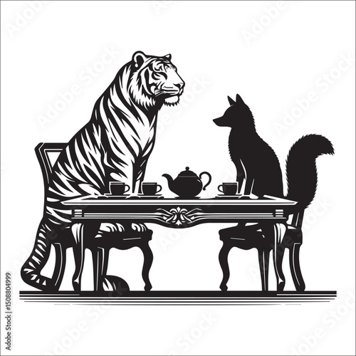 Majestic Tiger and Fox in Striking Black and White Design Perfect for Wildlife Art Prints and Apparel