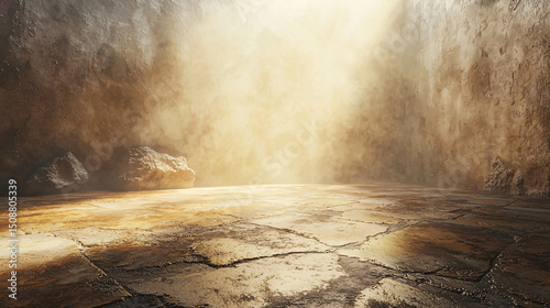 Eerie Atmosphere in Abandoned Stone Chamber with Dramatic Lighting