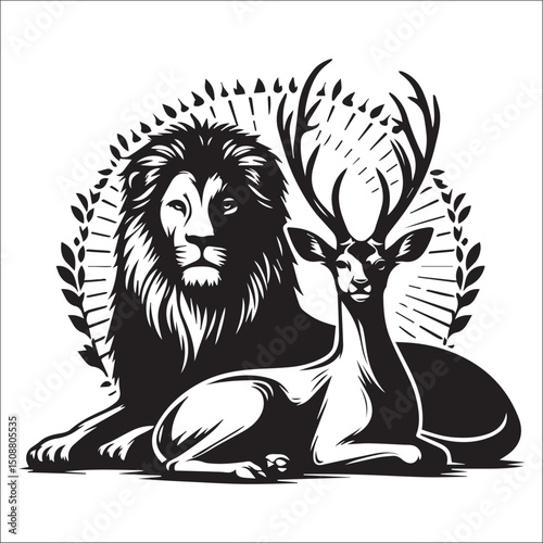 Majestic Lion and Antlered Deer in Elegant Black and White Illustration | Striking monochrome artwork featuring a regal lion and a graceful deer side by side, perfect for wildlife, nature 