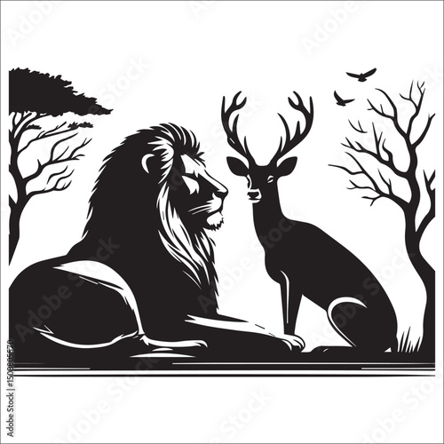 Majestic Lion and Antlered Deer in Elegant Black and White Illustration | Striking monochrome artwork featuring a regal lion and a graceful deer side by side, perfect for wildlife, nature 