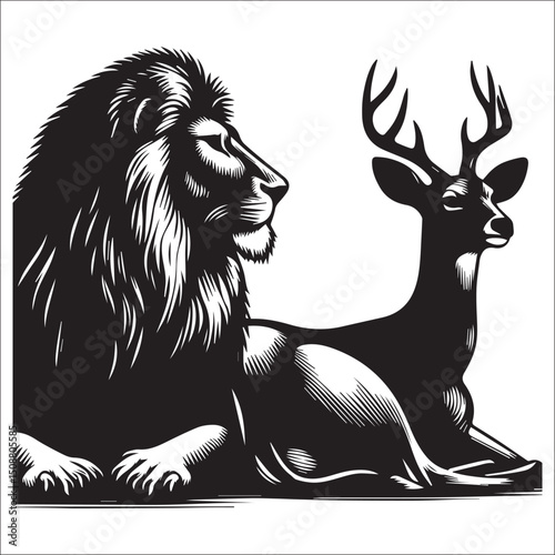 Majestic Lion and Antlered Deer in Elegant Black and White Illustration | Striking monochrome artwork featuring a regal lion and a graceful deer side by side, perfect for wildlife, nature 