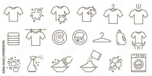 Dryer, washing machine and dirty shirt line icons isolated on transparent background. Lingerie line icons. Self-service laundry, hand washing, laundry service, linear set. Editable Stroke.
