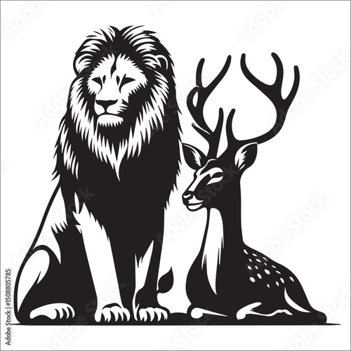 Majestic Lion and Antlered Deer in Elegant Black and White Illustration | Striking monochrome artwork featuring a regal lion and a graceful deer side by side, perfect for wildlife, nature 