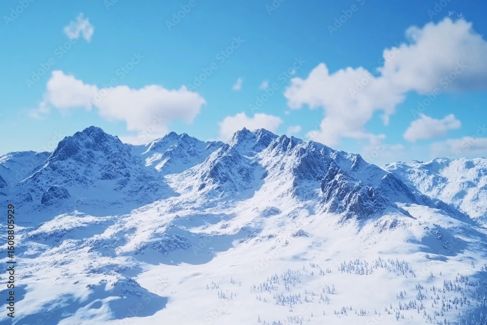 Fototapeta premium Stunning view of snow-capped mountain peaks under a bright blue sky with fluffy clouds.