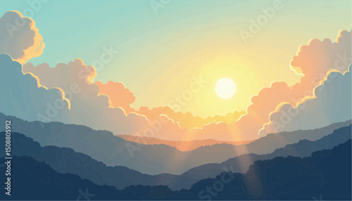 Mountain Sunrise with Clouds and Sunbeams