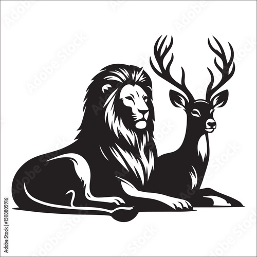 Majestic Lion and Antlered Deer in Elegant Black and White Illustration | Striking monochrome artwork featuring a regal lion and a graceful deer side by side, perfect for wildlife, nature 