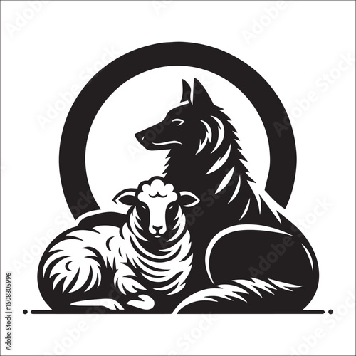 black and white wolf and lamb vector illustration