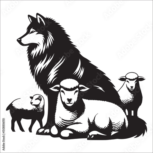 Majestic Wolf and Lamb Line Art Print Black and White Animal Illustration Graphic Design