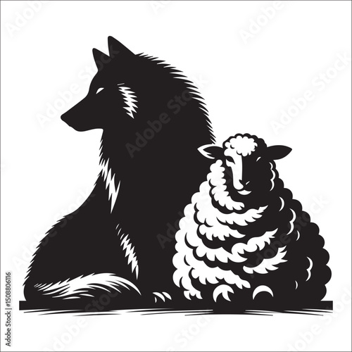 Majestic Wolf and Lamb Line Art Print Black and White Animal Illustration Graphic Design