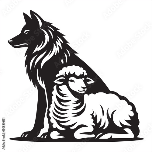 Majestic Wolf and Lamb Line Art Print Black and White Animal Illustration Graphic Design