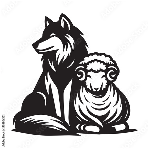 Majestic Wolf and Lamb Line Art Print Black and White Animal Illustration Graphic Design