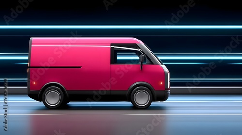 Futuristic neon pink delivery van speeding at night