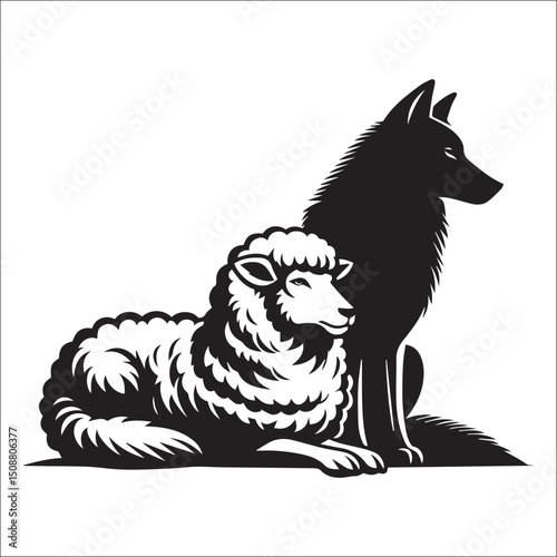 Majestic Wolf and Lamb Line Art Print Black and White Animal Illustration Graphic Design