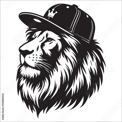 Majestic Lion Head in a Crowned Baseball Cap Vector Art Graphic Design Illustration