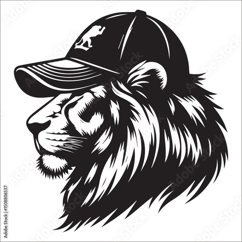 Majestic Lion Head in a Crowned Baseball Cap Vector Art Graphic Design Illustration