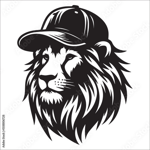 Majestic Lion Head in a Crowned Baseball Cap Vector Art Graphic Design Illustration
