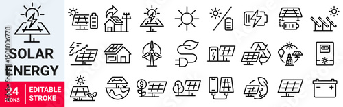 Set of 24 line icons of solar energy. hydroelectric power plant, solar panels, fossil fuel. Vector illustration. Outline icon. Editable stroke.