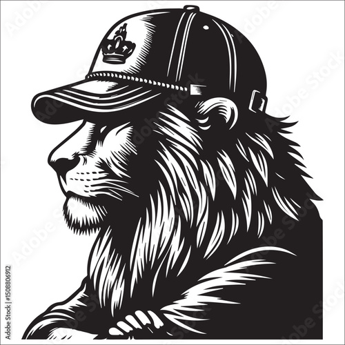 Majestic Lion Head in a Crowned Baseball Cap Vector Art Graphic Design Illustration