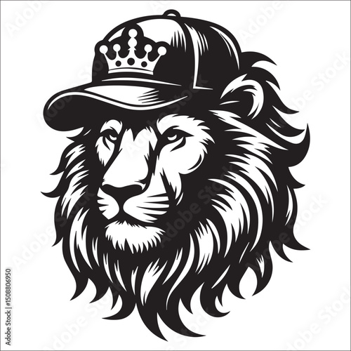 Majestic Lion Head in a Crowned Baseball Cap Vector Art Graphic Design Illustration