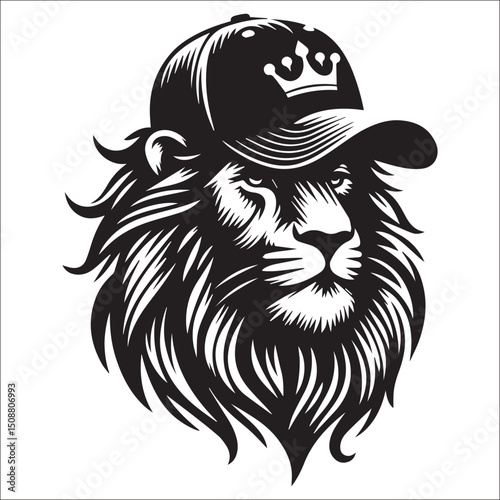 Majestic Lion Head in a Crowned Baseball Cap Vector Art Graphic Design Illustration