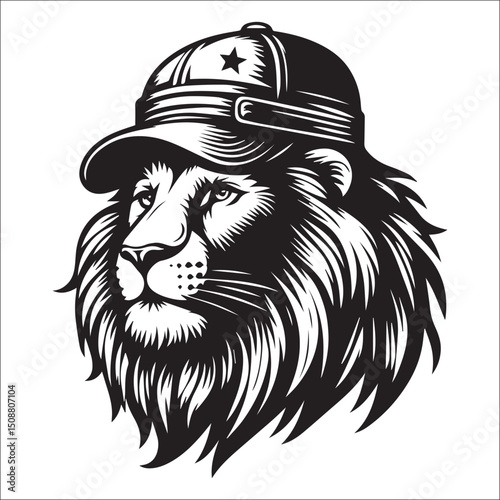 Majestic Lion Head in a Crowned Baseball Cap Vector Art Graphic Design Illustration
