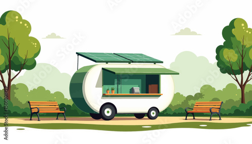 Eco-friendly coffee kiosk in park setting, sustainable design