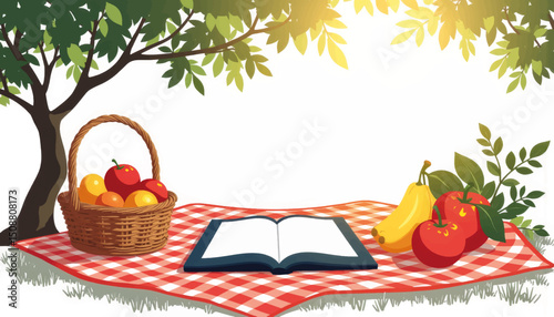 E-ink book reader on picnic blanket, serene outdoor reading
