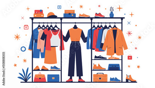 Digital wardrobe illustration with geometric clothing items, styling concept
