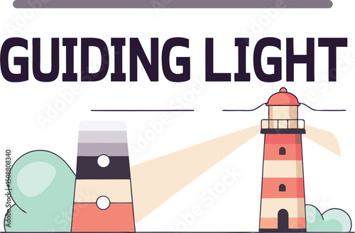 White and blue tall lighthouse tower on an island with a bright beacon illuminating the sky and sea
