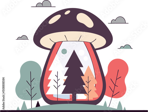 Cute cartoon mushrooms growing in a colorful autumn forest.