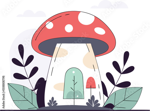 Cute cartoon mushrooms growing in a colorful autumn forest.