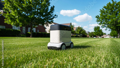 A modern delivery robot driving on a neatly mowed suburban lawn on a sunny day