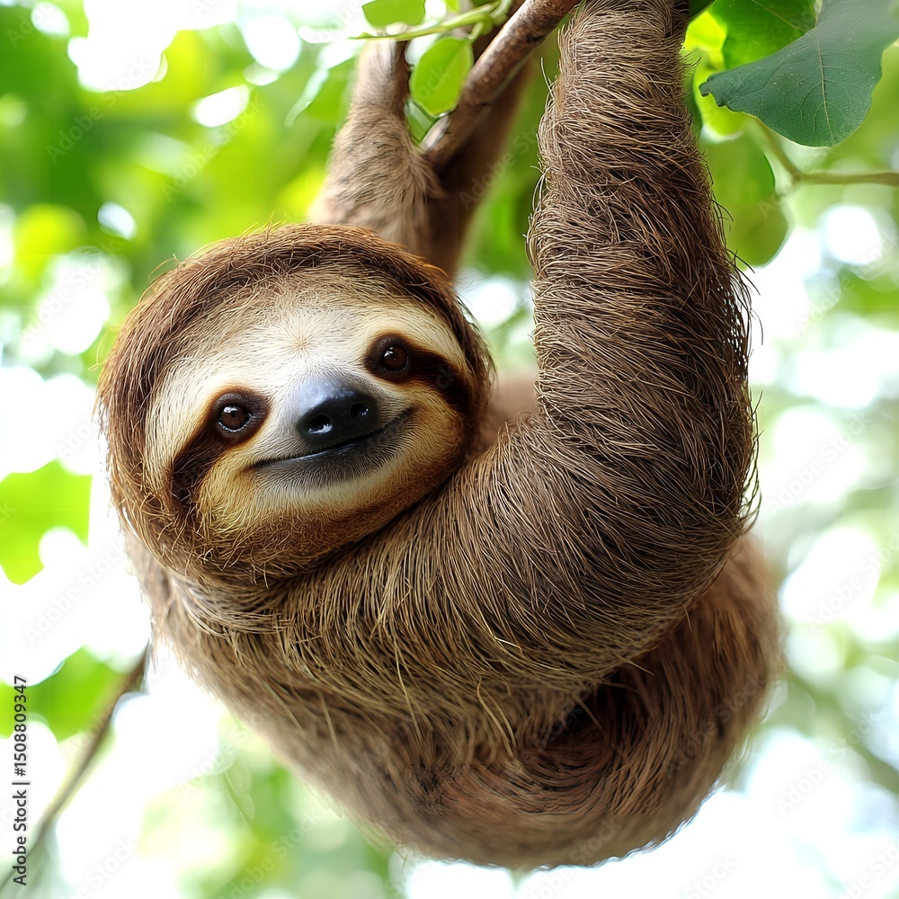 Fototapeta premium Adorable Three Toed Sloth Hanging on Tree Branch in Lush Rainforest