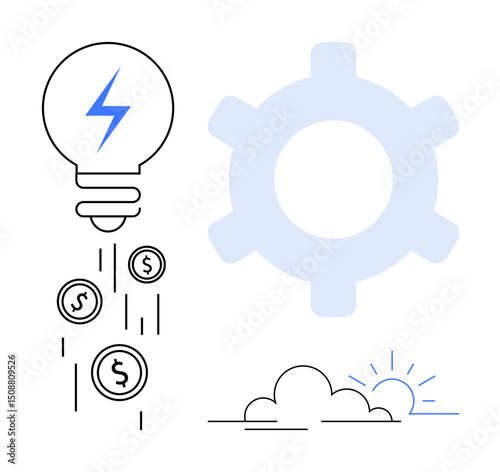 Electric bulb with lightning emitting coins, a gear symbolizing operation, and sunrise over clouds. Ideal for innovation, efficiency, strategy, ideas, solutions energy and finance. Flat simple