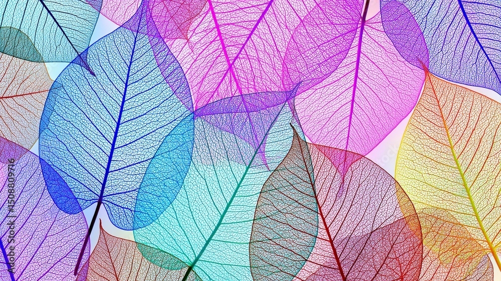 Obraz premium The colorful, transparent leaf skeletons form artistic patterns as they are layered and overlapped. Enhance vibrant colors, perfect for wallpaper or digital art.