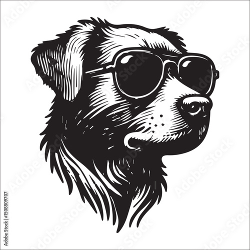 Cool Dog Head Wearing Sunglasses Stylish Black and White Canine Portrait Art