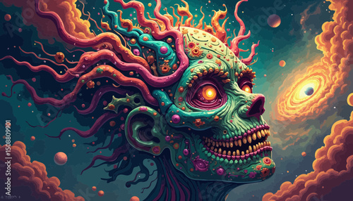 Cosmic Horror Pixel Art Vivid Alien Creature in Space
