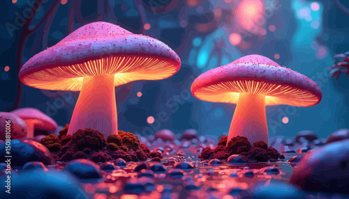 Glowing Pink Fungi In A Mysterious Forest At Night
