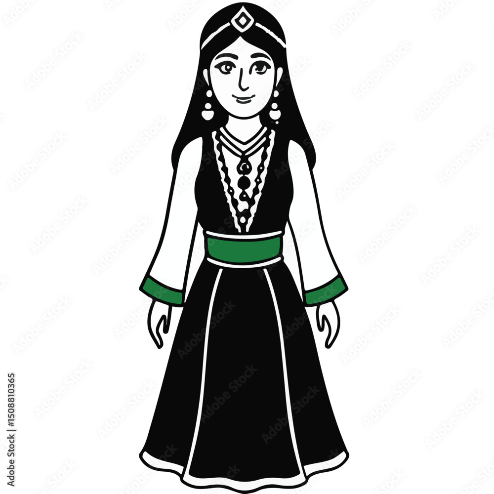 Black and white sketch of a traditional woman in a detailed ethnic outfit with a confident posture Black and white sketch of a traditional woman in a detailed ethnic outfit with a confident posture