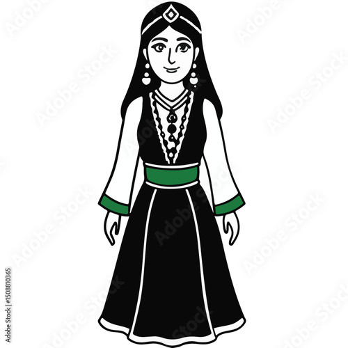 Black and white sketch of a traditional woman in a detailed ethnic outfit with a confident posture