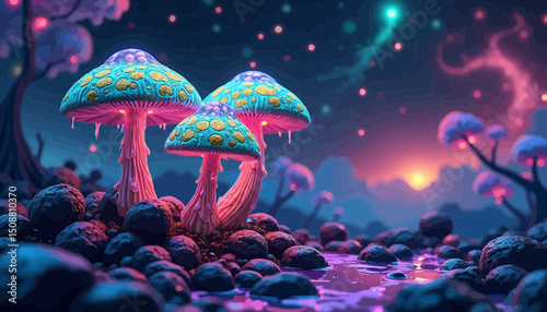 Shining Fungi In A Fantasy Landscape