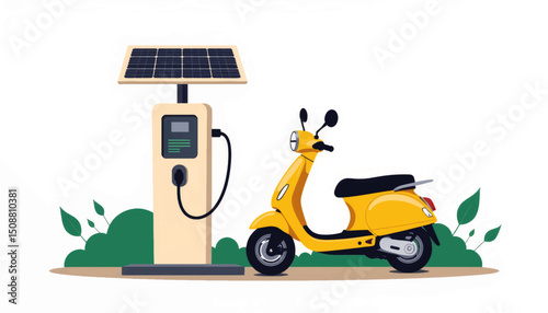 Electric scooter at solar charging station, eco-friendly concept