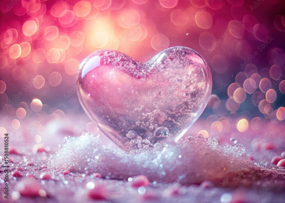 Obraz premium A delicate ice heart floating on a pink soda background