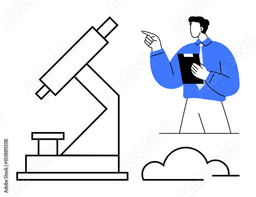 Scientist in formal attire holding a clipboard, gesturing toward a direction near a modern microscope and a cloud diagram. Ideal for science, research, data analysis, innovation, education