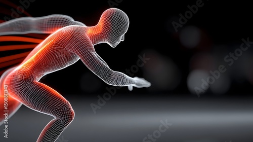 Glowing wireframe human figure in motion