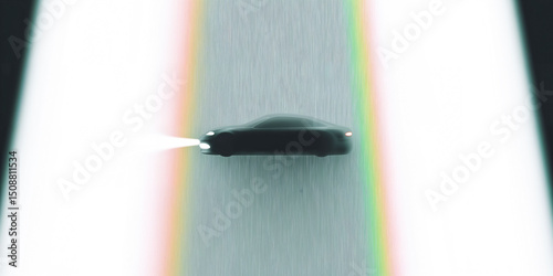 Modern electric car driving on highway with light trails and rainbow colors